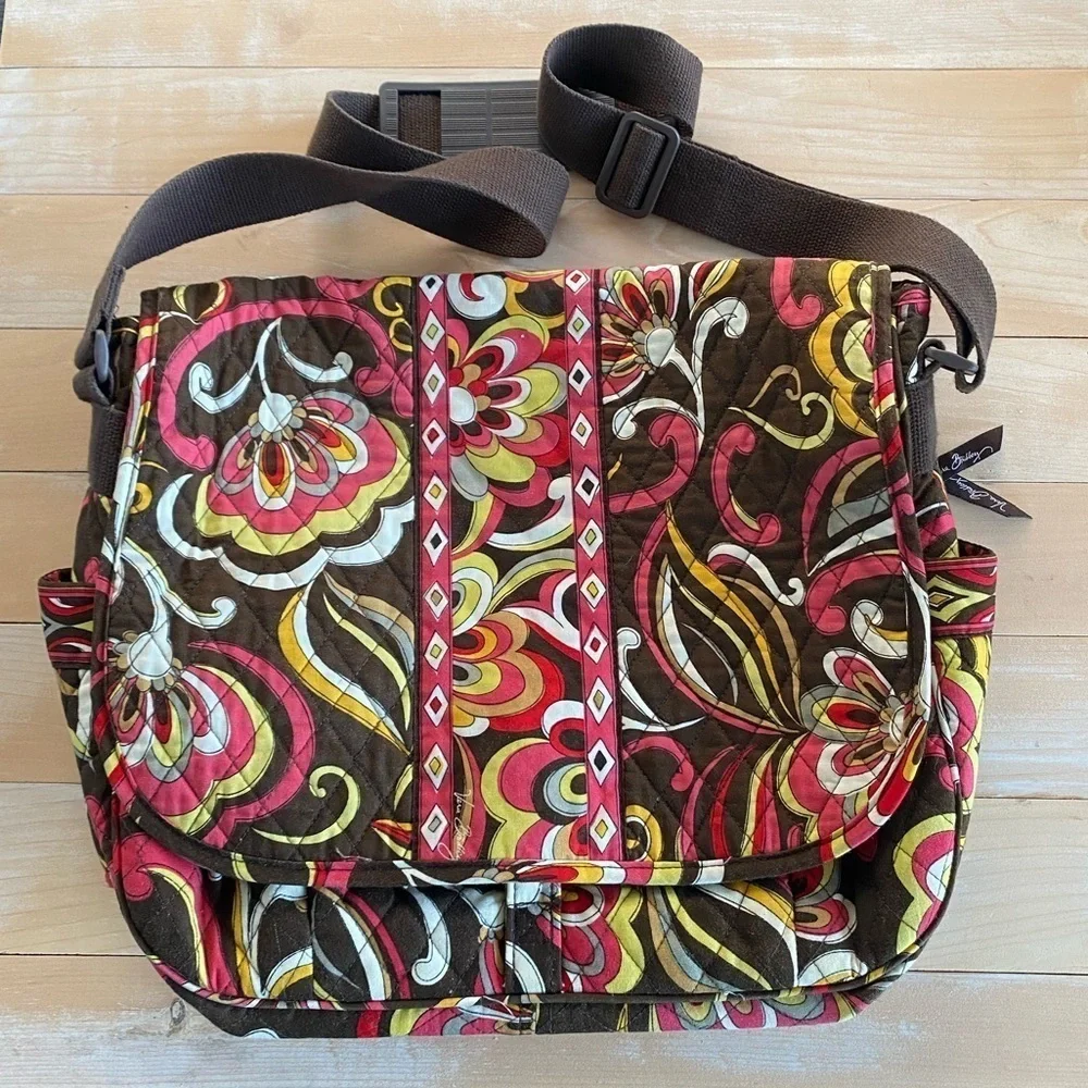 Vera Bradley Messenger Bag Puccini Brown Floral Laptop Carry Purse